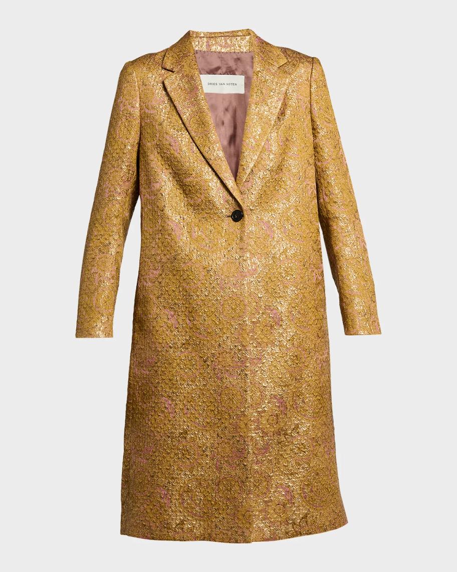 Dries Van Noten Metallic Paisley Jacquard Single-Breasted Long