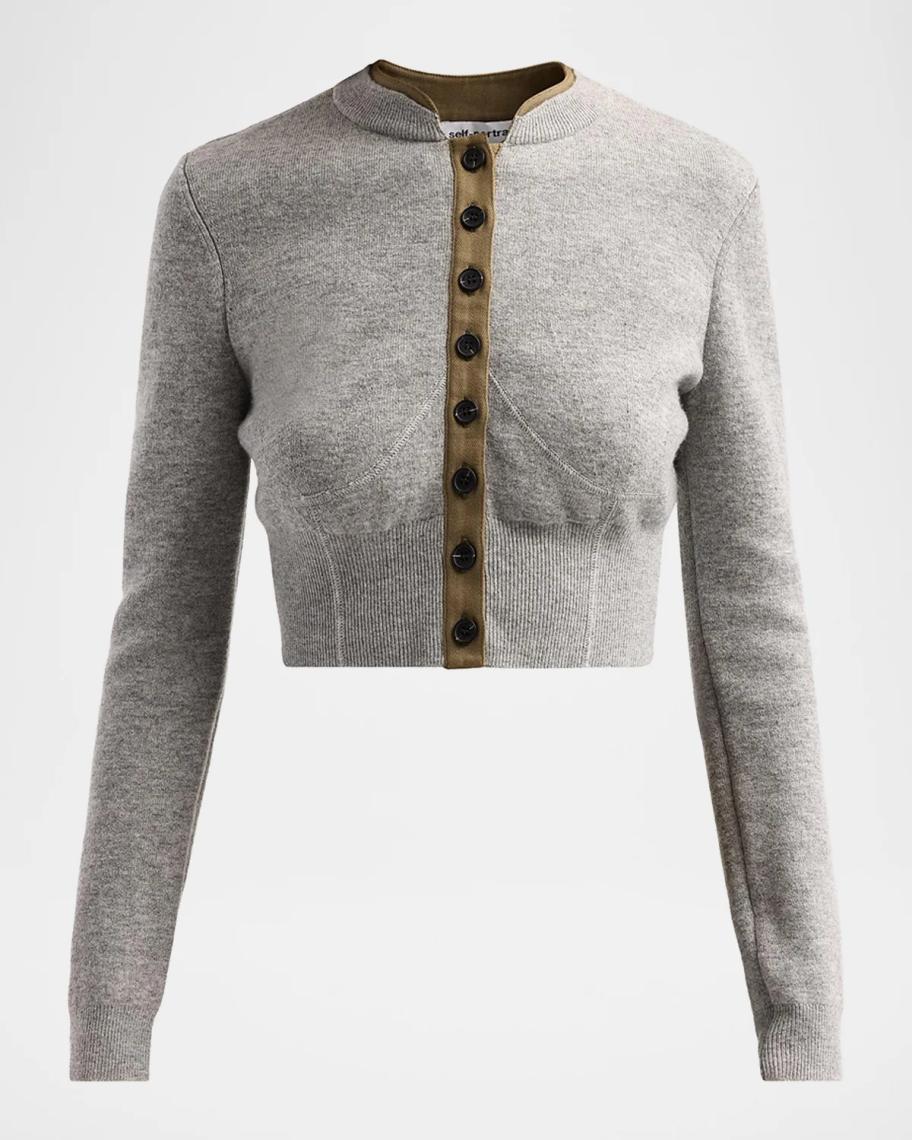 Self-Portrait Grey Contrast Placket Cardigan | Neiman Marcus