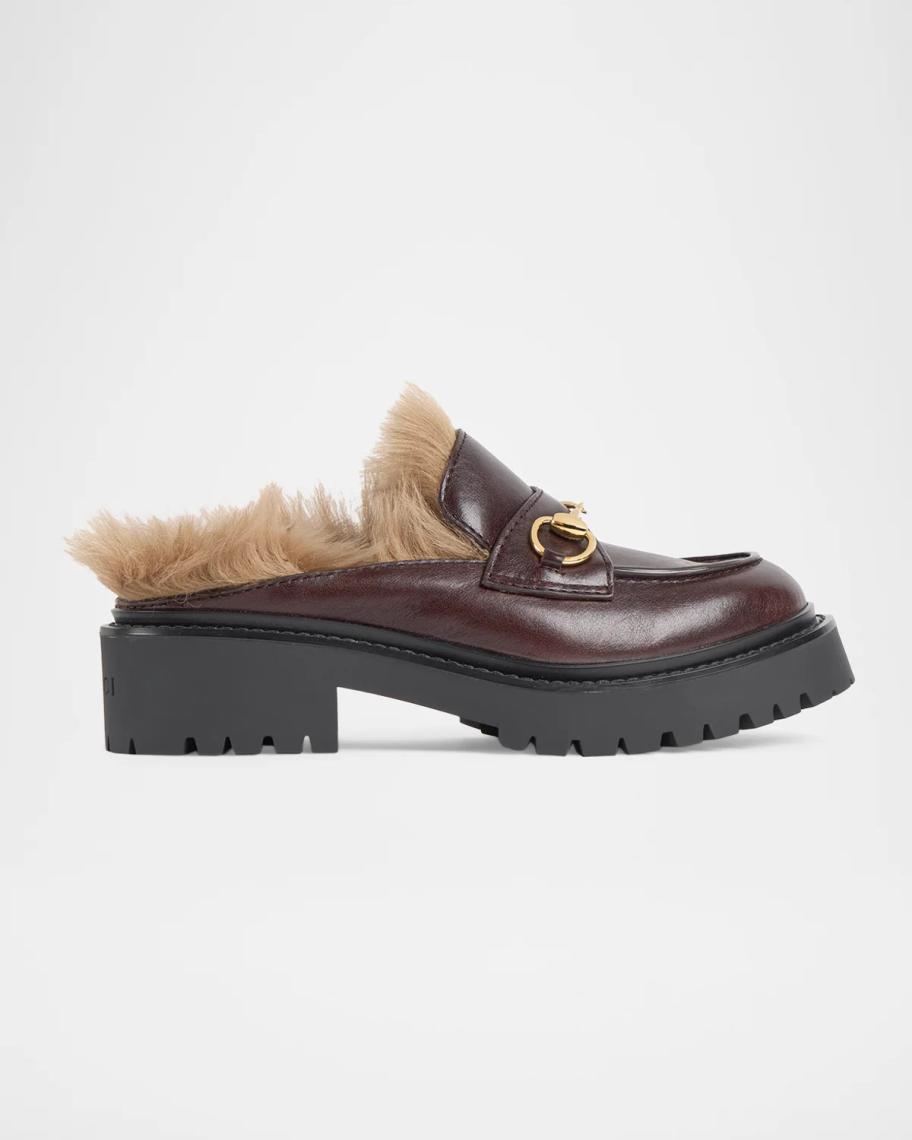 Gucci Rhodi Leather & Shearling Horsebit Mules | Neiman Marcus