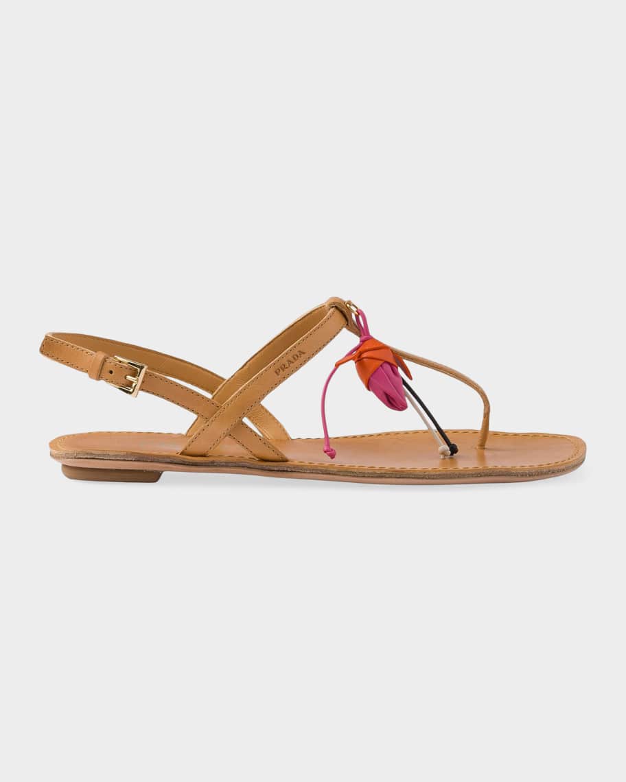 Prada Antiqued Leather Thong Sandals with Floral Ornament | Neiman