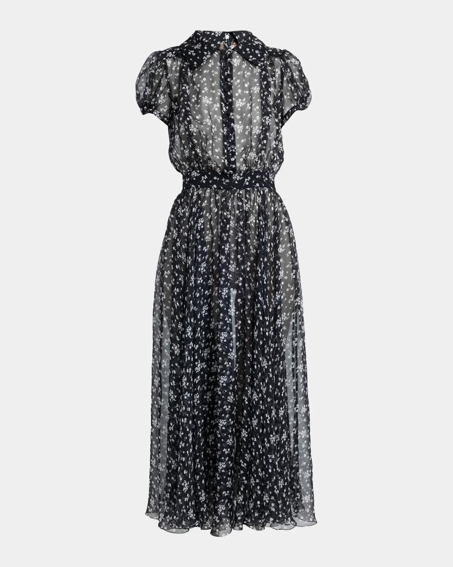 Dolce&Gabbana Short-Sleeve Floral-Print Silk Chiffon Midi
