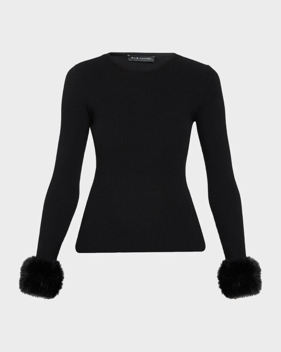 Elie Tahari The Savannah Faux Fur-Cuff Sweater | Neiman Marcus