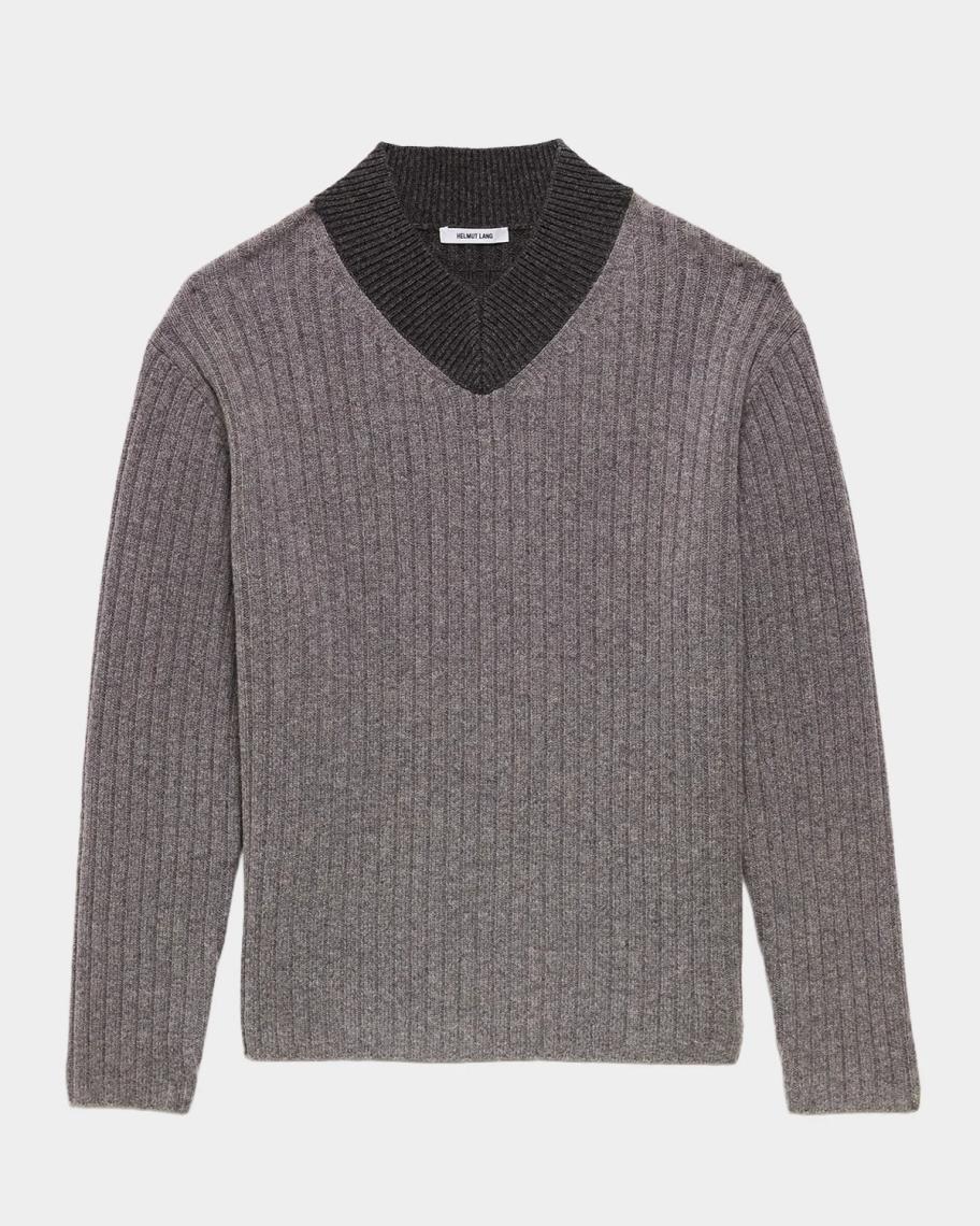 Helmut Lang Men's Contrast V-Neck Wool Sweater | Neiman Marcus
