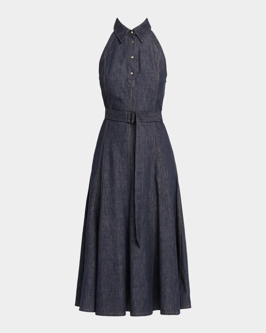 Brunello Cucinelli Sleeveless Linen Denim Belted Midi Shirtdress