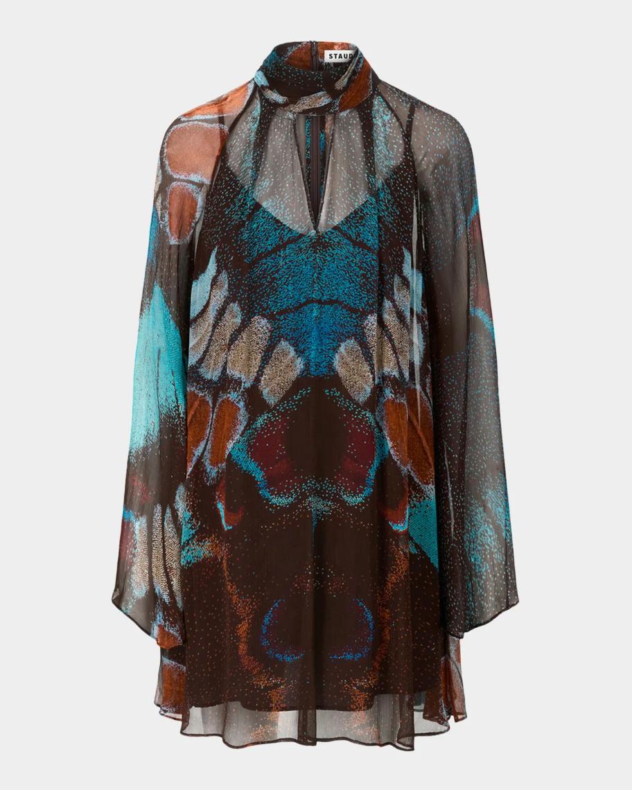staud esther chiffon dress Butterfly High-Neck Mini Sheer sleeves Color:Blue Gold Clip Dot Anne Klein Tiered A-Line Stauds Esther semi