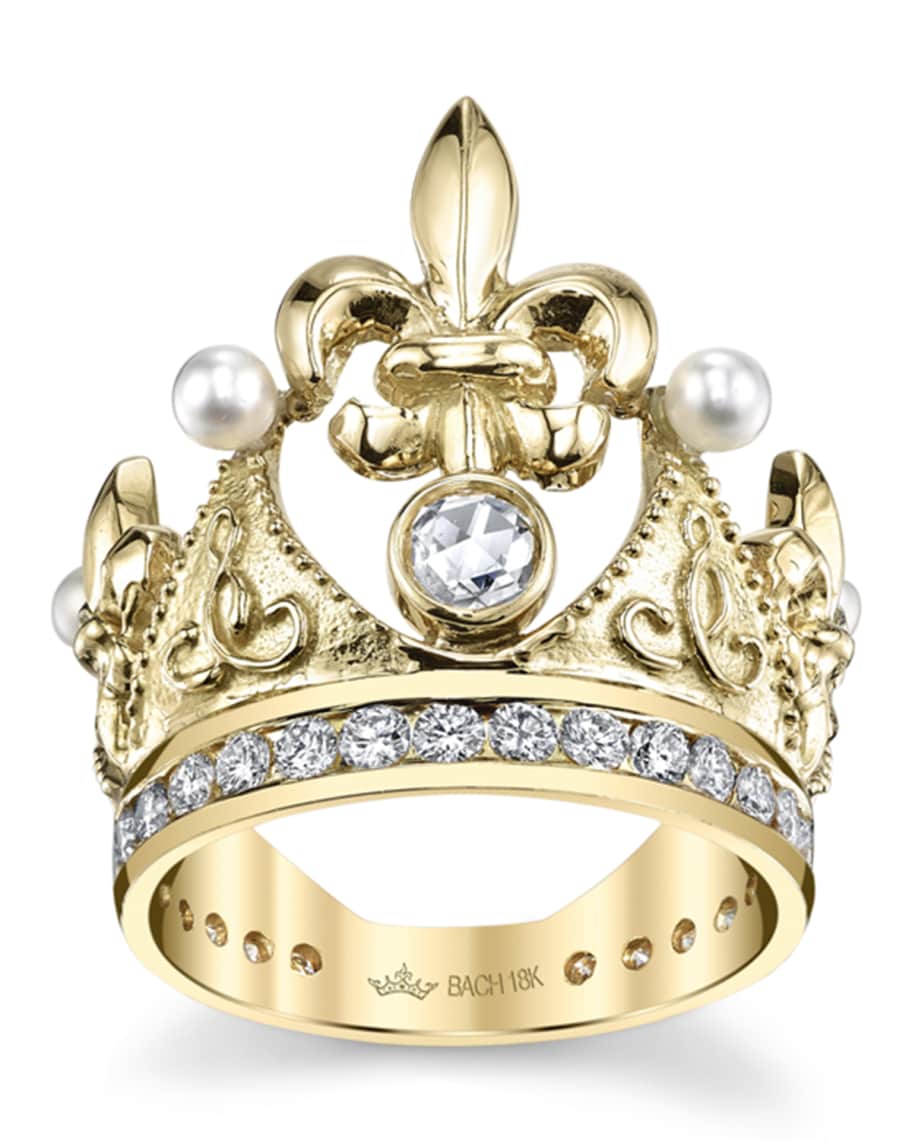 Cynthia Bach 18k Fleur-de-Lis Diamond & Pearl Crown Ring, Size 5.75 ...