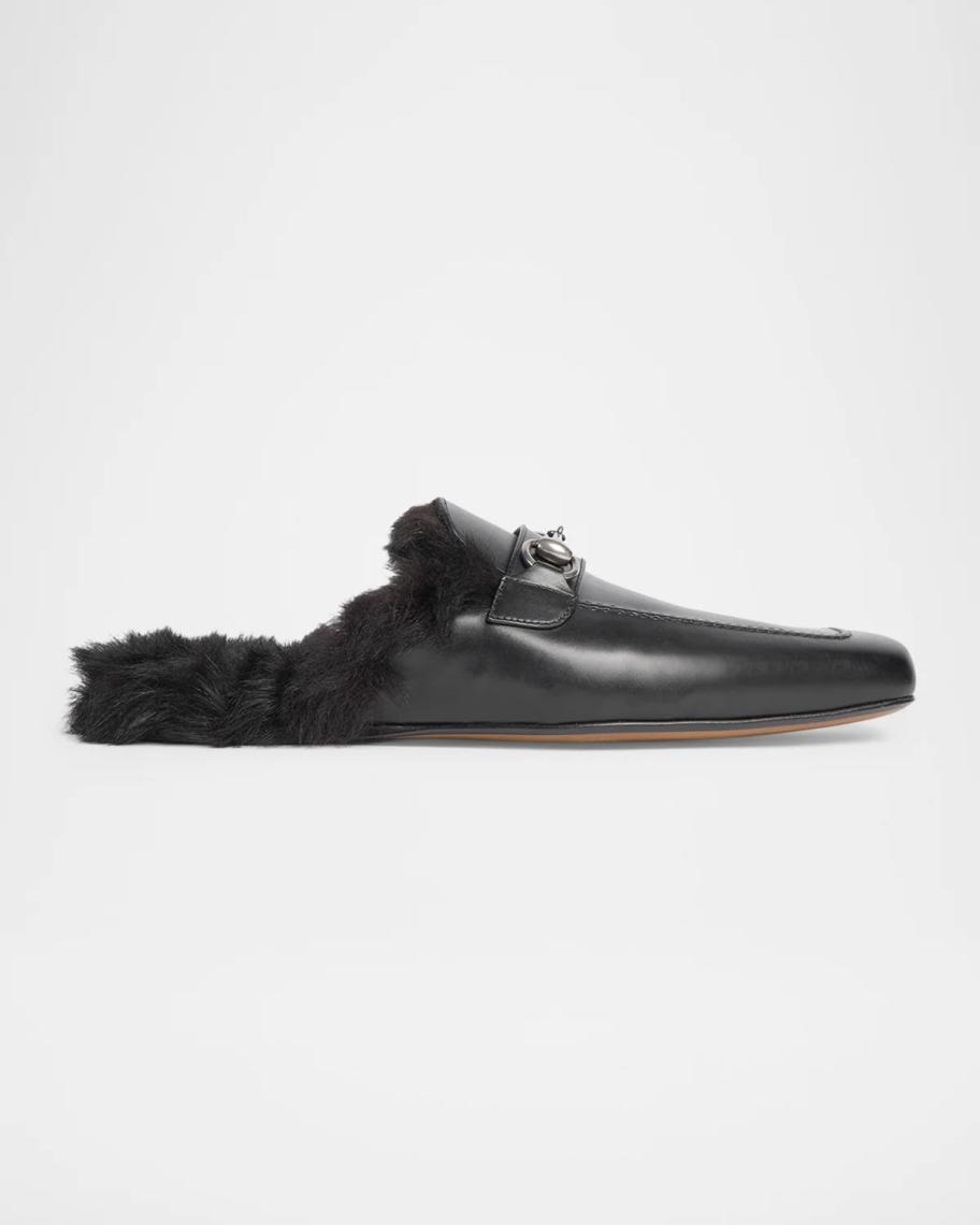 Gucci Men's Shearling-Lined Leather Horsebit Slippers | Neiman Marcus
