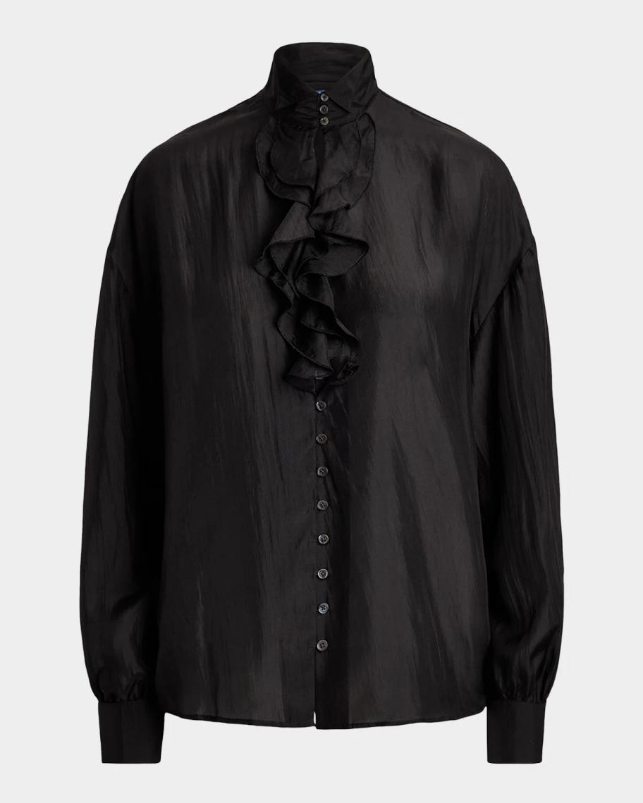 ラルフローレン ポロラルフローレン シルク ボウタイ ブラウス ネイビー Polo Ralph Lauren Silk Habutai Ruffle Shirt | Neiman Marcus