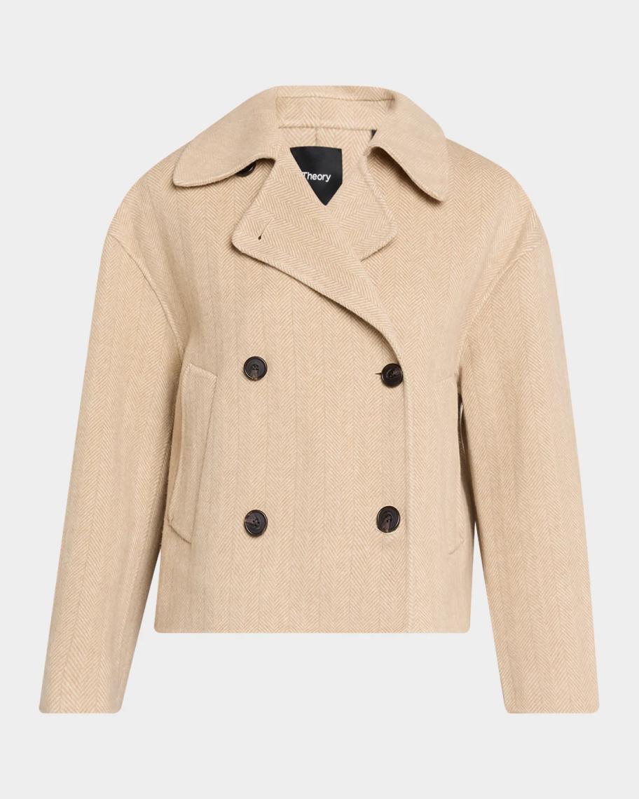 Theory Double-Breasted Herringbone Peacoat | Neiman Marcus