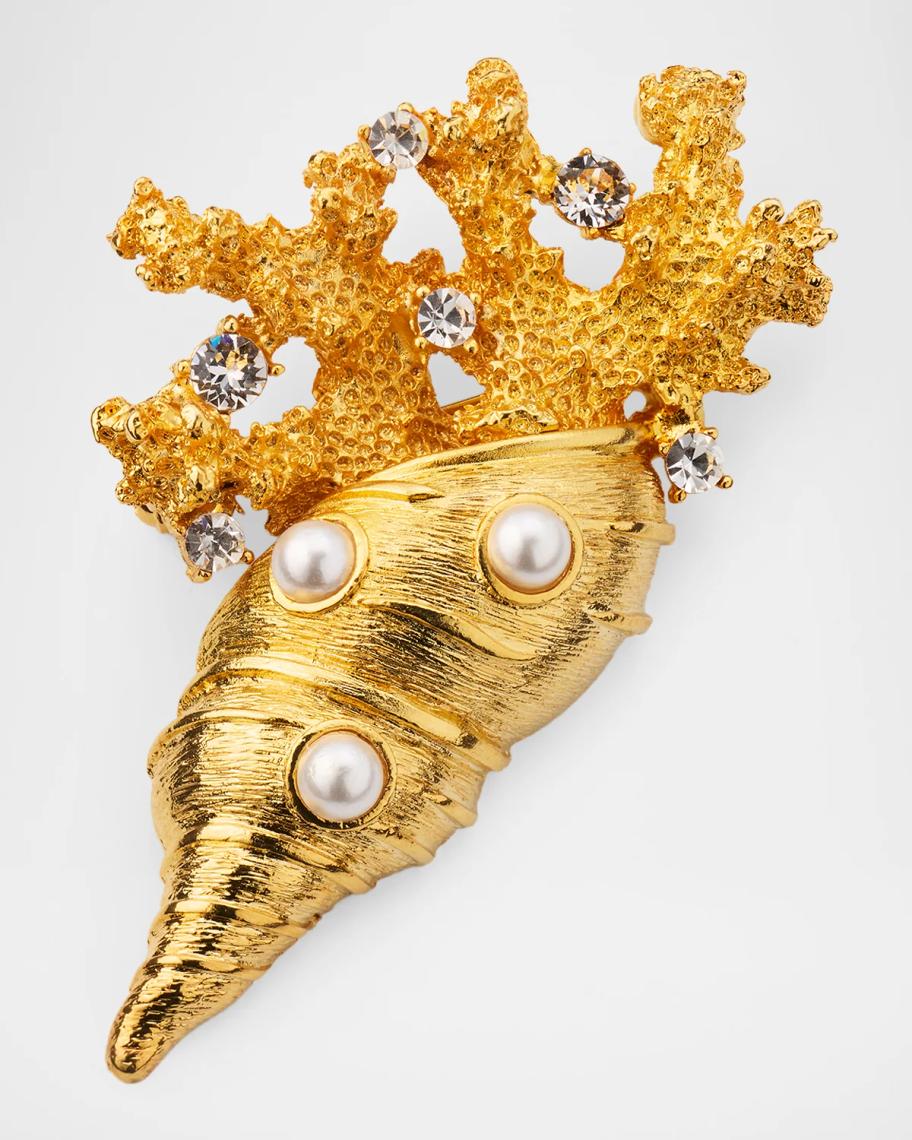 Kenneth Jay Lane 18K Gold-Plated, Glass Pearl, and Crystal Conch Shell ...