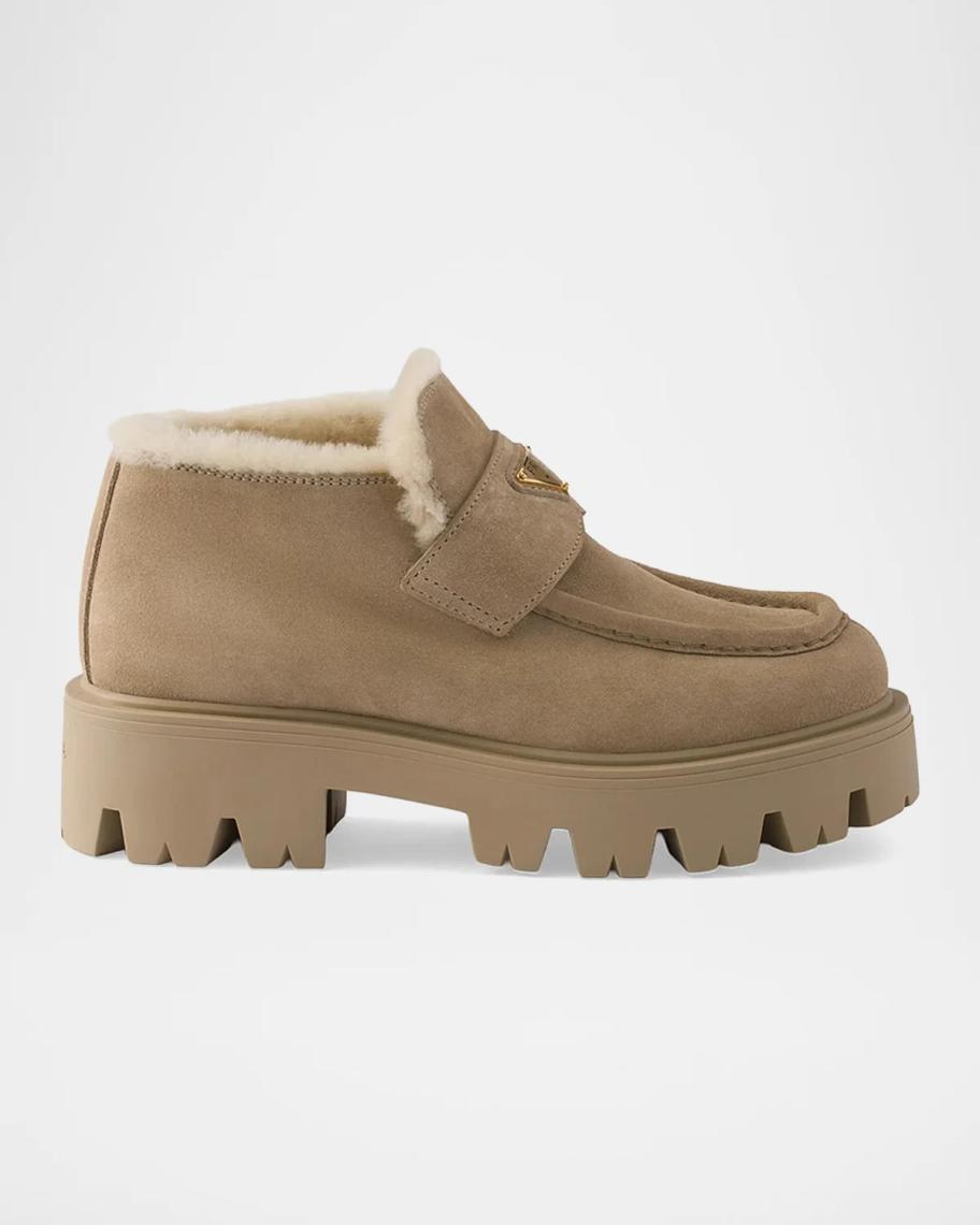 Prada Suede & Shearling Chunky Loafers | Neiman Marcus