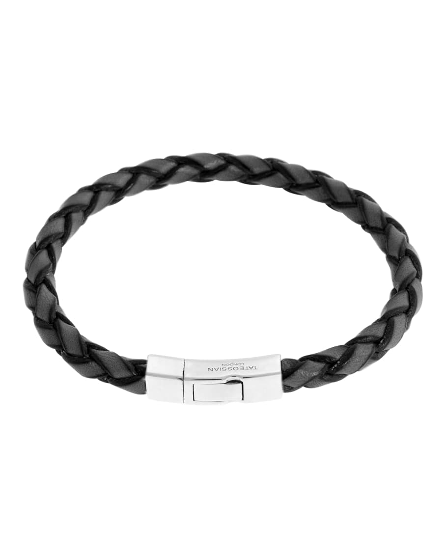 Tateossian Men's Braided Leather Silver Bracelet 26150; L, Silver