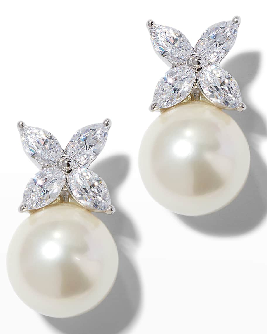 Pearl Drop Earrings with Crystal Leaf Posts