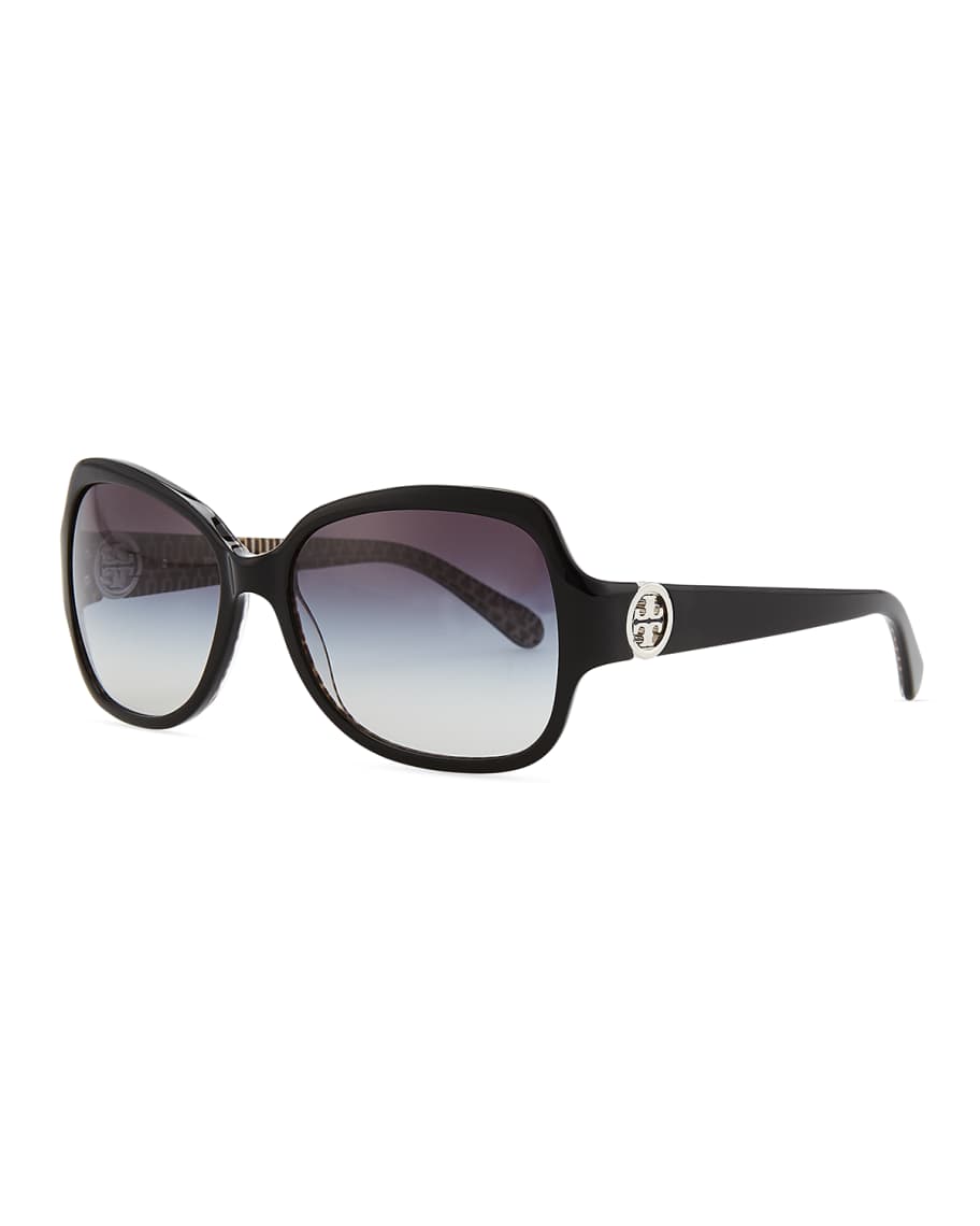 Tory Burch Logo-Temple Rectangle Sunglasses, Black | Neiman Marcus