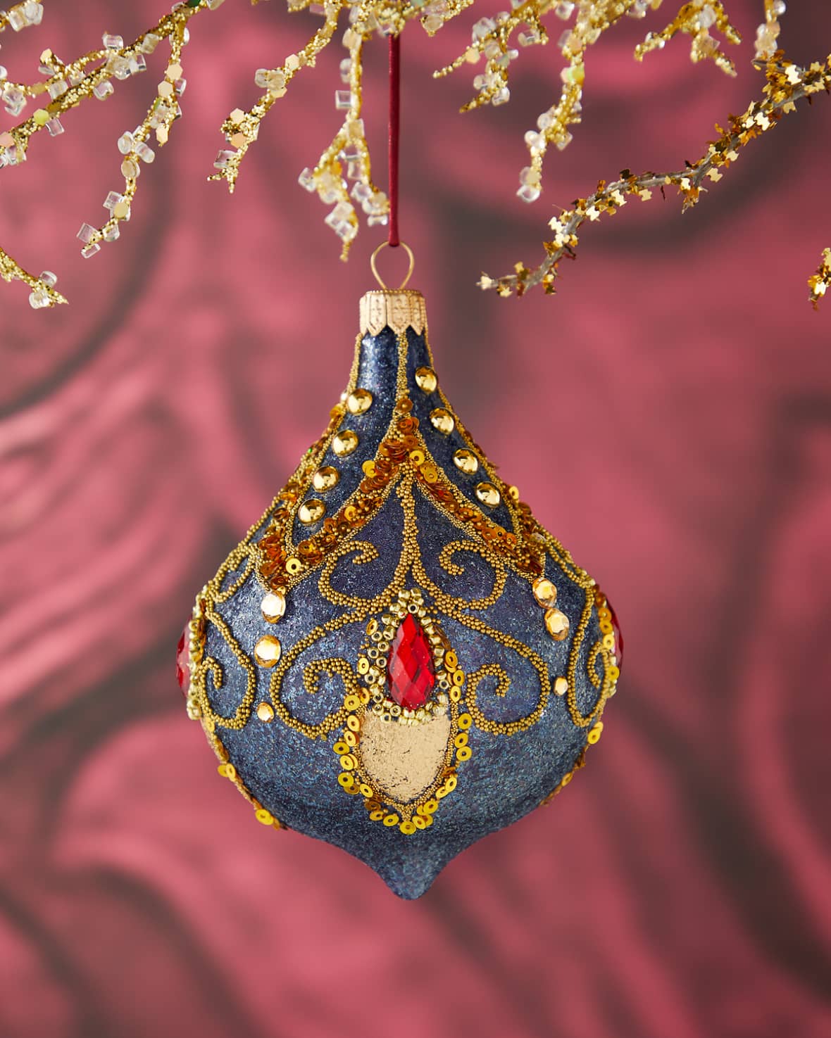 13cm Drop Blue Glittered With Gold And Red Gems Christmas Ornament 0