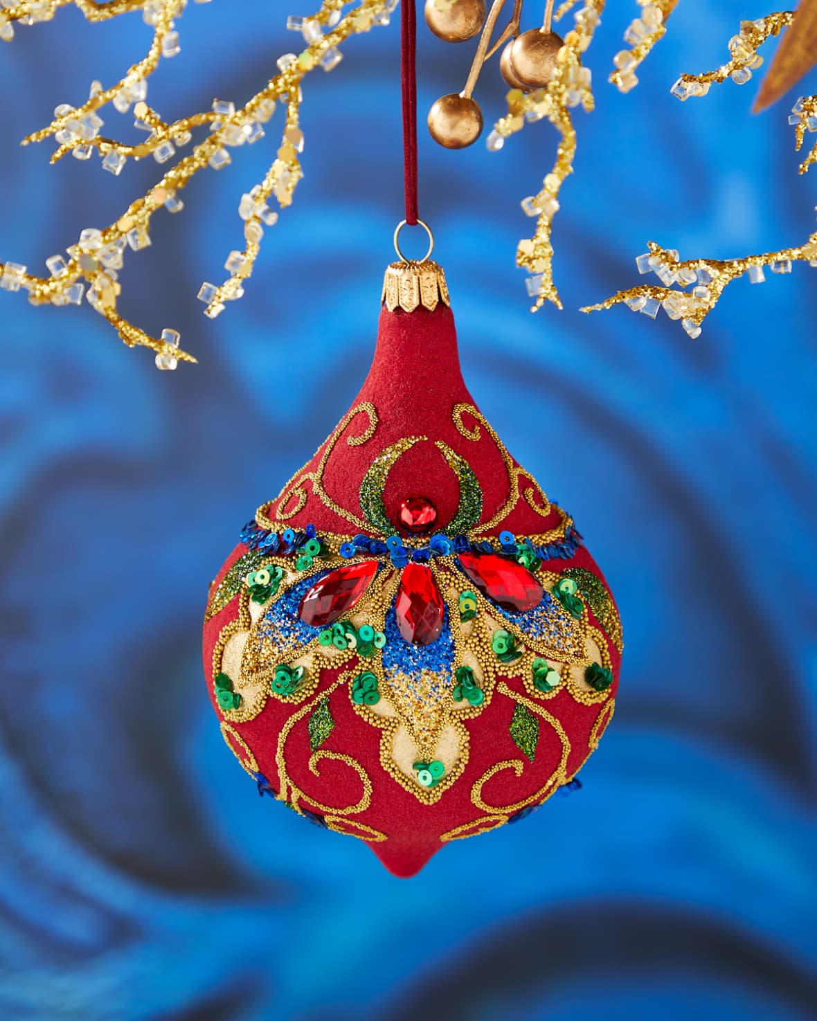 13cm Drop Red With Red Gems And Gold Christmas Ornament 0