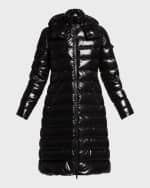 Image 1 of 6: Moncler Moka Shiny Fitted Puffer Coat with Hood
