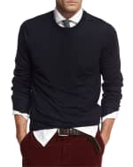 Image 1 of 2: Brunello Cucinelli Men's Fine-Gauge Knit Elbow-Patch Sweater