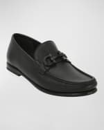 Image 2 of 3: Ferragamo Men's Crown Textured Leather Gancini Moccasin Loafers