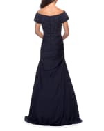 La Femme Ruched & Beaded Short-Sleeve Gown | Neiman Marcus