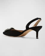 Image 4 of 6: Manolo Blahnik Hangisi Kitten-Heel Satin Slingback Pumps