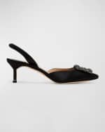 Image 1 of 6: Manolo Blahnik Hangisi Kitten-Heel Satin Slingback Pumps