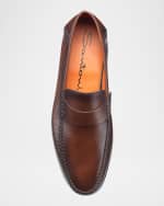 Image 4 of 5: Santoni Men's Paine Whipstitched Leather Loafers