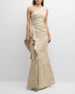 Image 5 of 6: Rickie Freeman for Teri Jon One-Shoulder Jacquard Side-Ruffle Gown