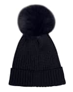 Image 2 of 3: Moncler Girl's Ribbed Wool Beanie W/ Faux Fur Pompom