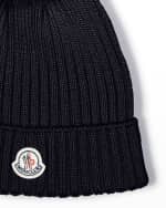 Image 3 of 3: Moncler Girl's Ribbed Wool Beanie W/ Faux Fur Pompom