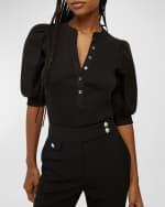 Image 3 of 6: Veronica Beard Coralee Puff Sleeve Button-Front Top