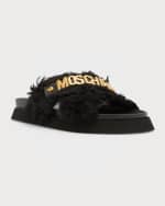 Image 4 of 5: Moschino Men's Faux Fur Logo Leather Slides
