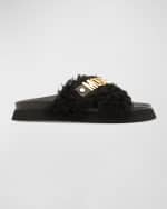 Image 1 of 5: Moschino Men's Faux Fur Logo Leather Slides
