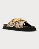 Image 4 of 5: Moschino Men's Crisscross Snake-Print Leather Slides