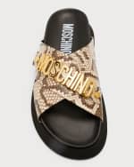 Image 5 of 5: Moschino Men's Crisscross Snake-Print Leather Slides