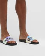 Image 2 of 6: Moschino Men's Oil-Slick Logo Rubber Pool Slides