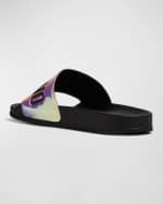 Image 4 of 6: Moschino Men's Oil-Slick Logo Rubber Pool Slides