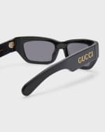 Image 3 of 5: Gucci Men's Full-Rim Logo Embellished Acetate Rectangle Sunglasses