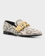 Image 4 of 5: Moschino Men's Maxi Lettering Snake-Print Leather Loafers