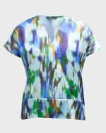 Image 2 of 7: Misook Watercolor-Print Surplice Blouse