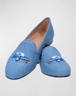 Image 3 of 4: Stubbs and Wootton Men's Embroidered Car Linen Smoking Slippers