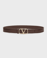 Image 1 of 2: Valentino Garavani Toile Iconographe V-Logo Leather & Platinum Belt