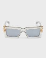 Image 4 of 5: Balmain Imperial Semi-Transparent Acetate & Titanium Rectangle Sunglasses