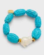 Image 1 of 5: Devon Leigh Pearl and Carved Turquoise-Colored Stretch Bracelet