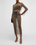 Image 2 of 7: LAPOINTE Crystal Fringe Side-Slit Mesh Midi Skirt