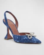 Image 3 of 4: Amina Muaddi Rosie Denim Crystal Bow Halter Pumps