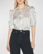 Image 1 of 5: FRAME Gillian Stripe Silk Ruched-Sleeve Top