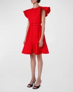 Image 4 of 4: Akris punto Short Wing-Sleeve Belted Taffeta Ruffle-Hem Dress