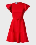 Image 1 of 4: Akris punto Short Wing-Sleeve Belted Taffeta Ruffle-Hem Dress