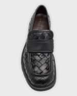 Image 5 of 5: Bottega Veneta Men's Haddock Intrecciato Leather Penny Loafers